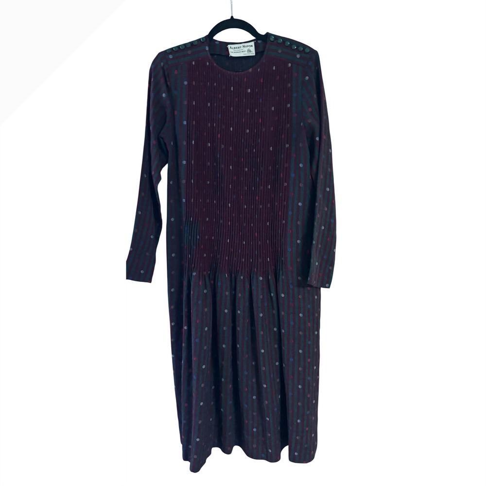 Albert Nipon Vintage 100% Wool Pleated Striped Polka Dot Dress Burgundy Green